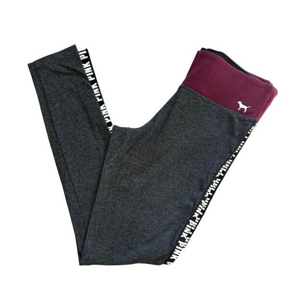 Victoria's Secret Pink Yoga Gray Maroon Logo Leggings Small - Picture 1 of 4